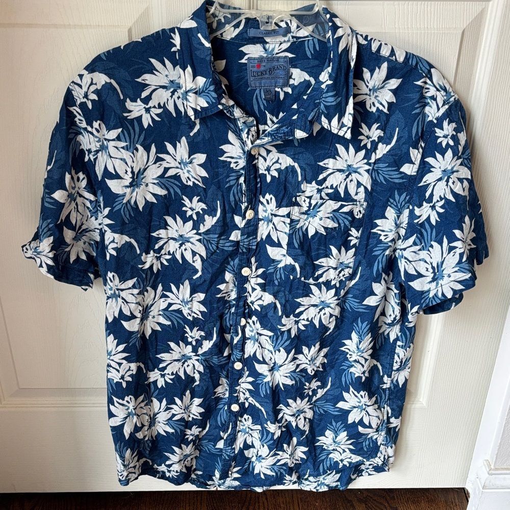 Lucky Brand Men’s tropical Hawaiian Navy Floral short sleeve button down Shirt L